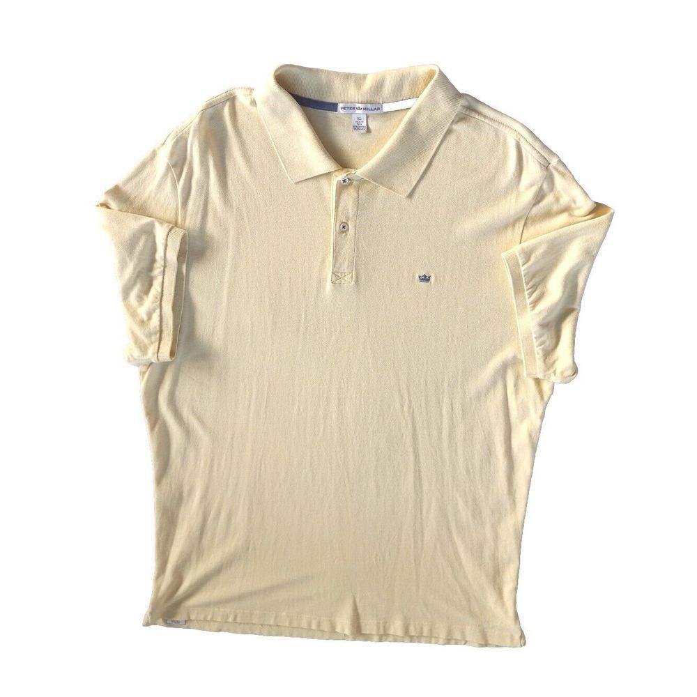 Peter Millar Men XL Button Up Short Sleeve Polo Knit Yellow Black Cotton Spandex